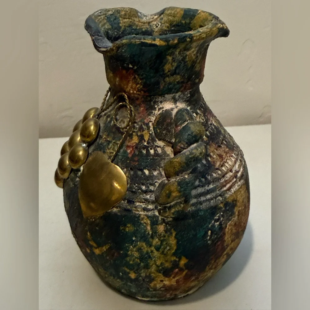 Pottery Vintage Vase Brass and Copper Accents Loop‎ Handles Primitive Folk Art